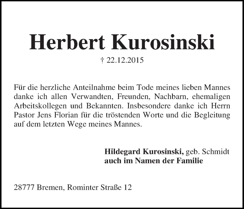 Traueranzeige von Herbert Kurosinski von Die Norddeutsche