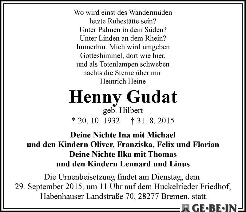 Traueranzeige von Henny Gudat von WESER-KURIER