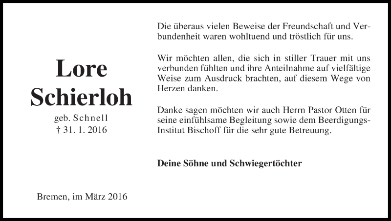 Traueranzeige von Lore Schierloh von Die Norddeutsche