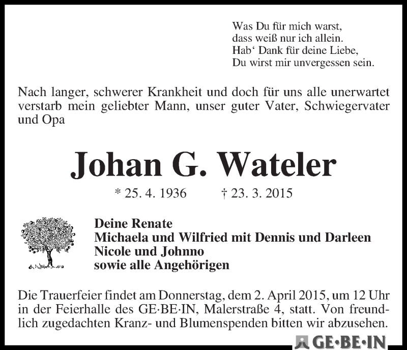 Traueranzeige von Johan G. Wateler von WESER-KURIER
