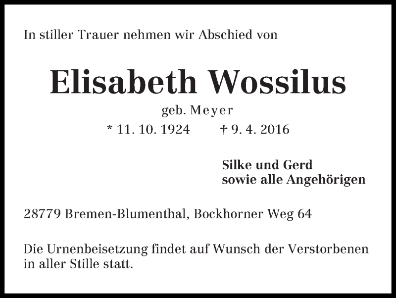 Traueranzeige von Elisabeth Wossilus von Die Norddeutsche