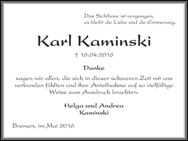  Traueranzeige für Karl Kaminski vom 28.05.2016 aus Die Norddeutsche
