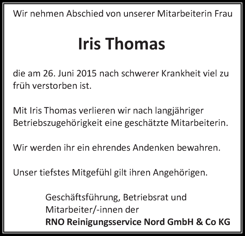  Traueranzeige für Iris Thomas vom 04.07.2015 aus WESER-KURIER