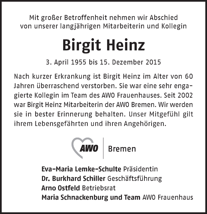  Traueranzeige für Birgit Heinz vom 19.12.2015 aus WESER-KURIER