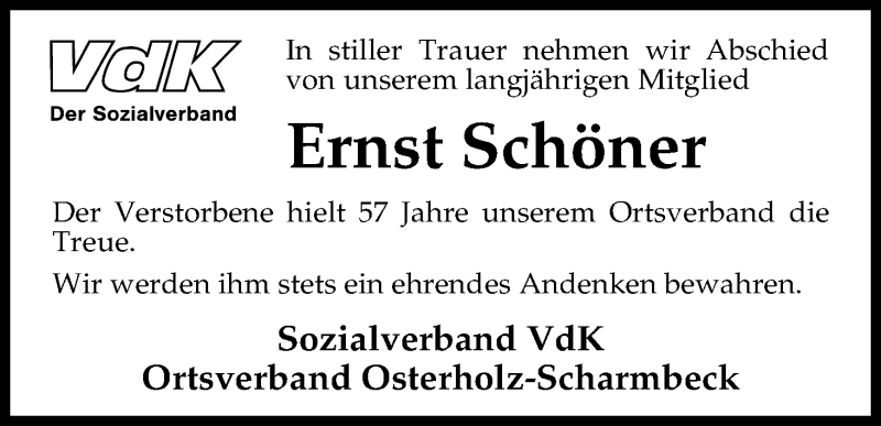 Traueranzeige von Ernst Schöner von Osterholzer Kreisblatt