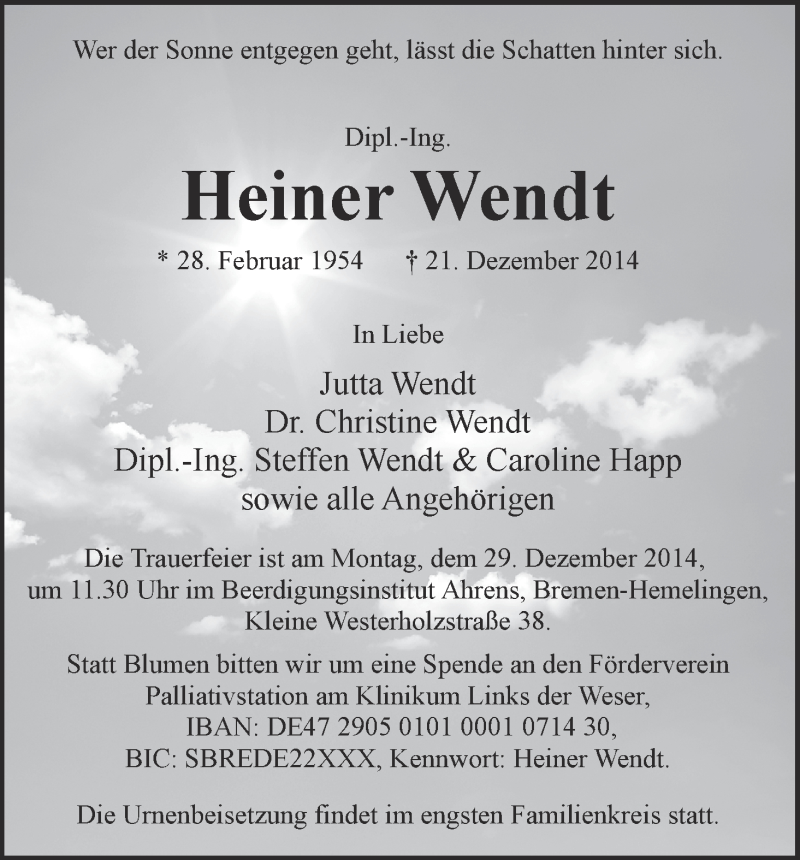 Traueranzeige von Heiner Wendt von WESER-KURIER
