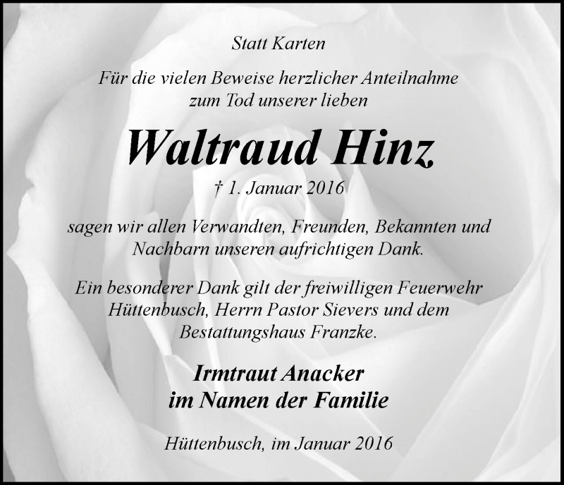 Traueranzeige von Waltraud Hinz von Wuemme Zeitung