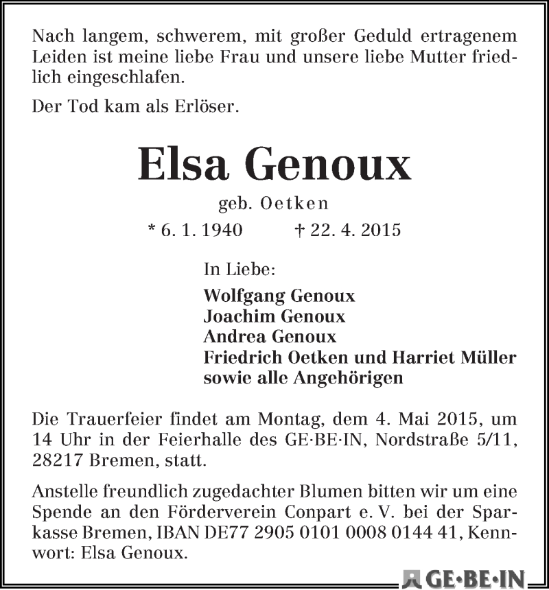Traueranzeige von Elsa Genoux von WESER-KURIER