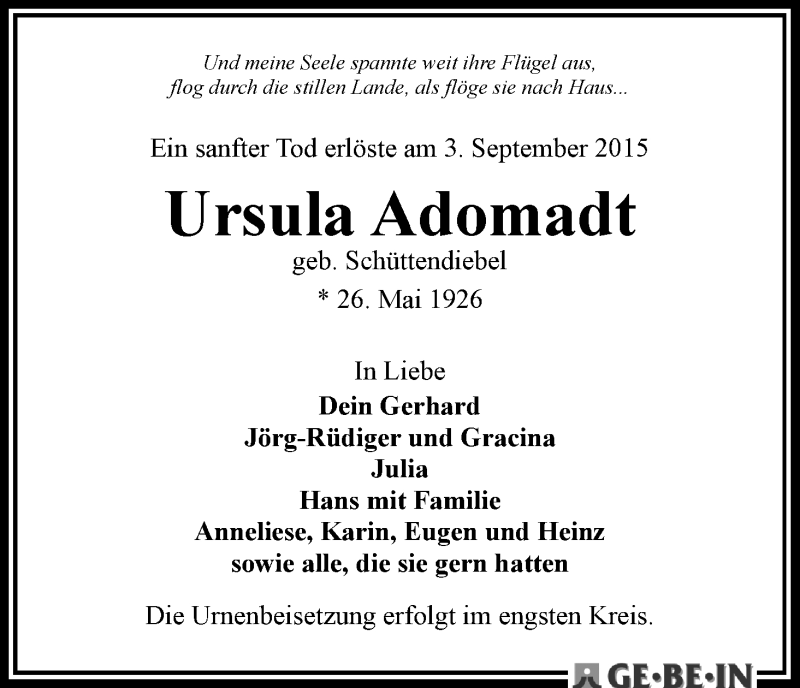 Traueranzeige von Ursula Adomadt von WESER-KURIER