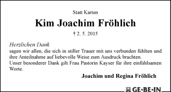 Traueranzeige von Kim Joachim Fröhlich