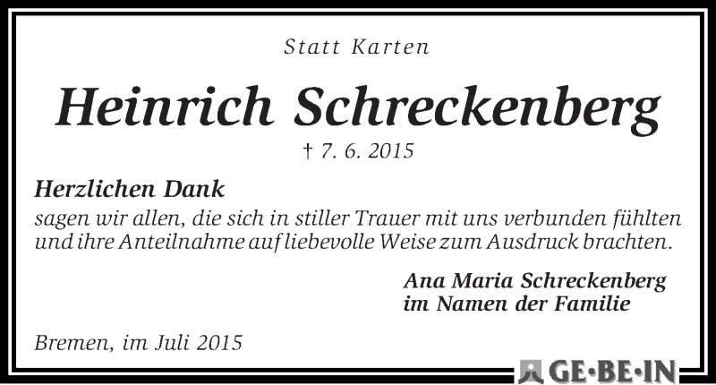 Traueranzeige von Heinrich Schreckenberg von WESER-KURIER