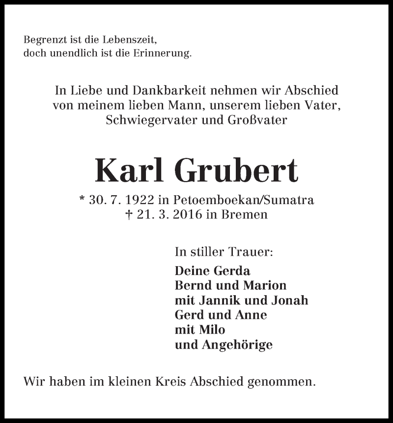 Traueranzeige von Karl Grubert von WESER-KURIER