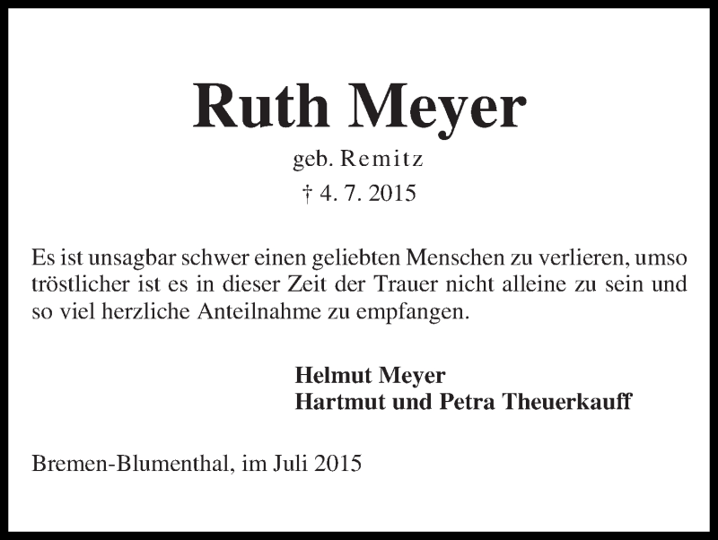 Traueranzeige von Ruth Meyer von Die Norddeutsche
