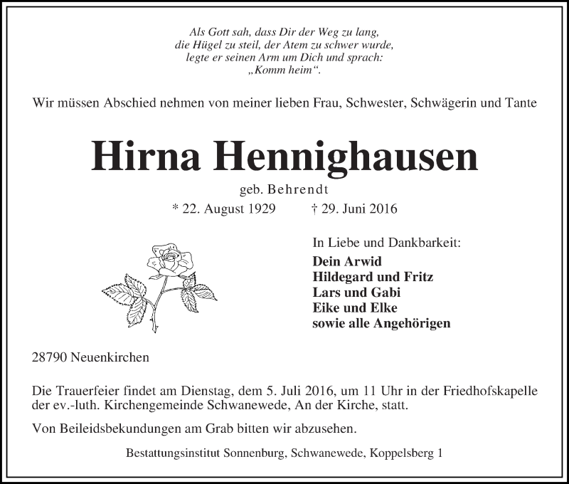 Traueranzeige von Hirna Hennighausen von Die Norddeutsche