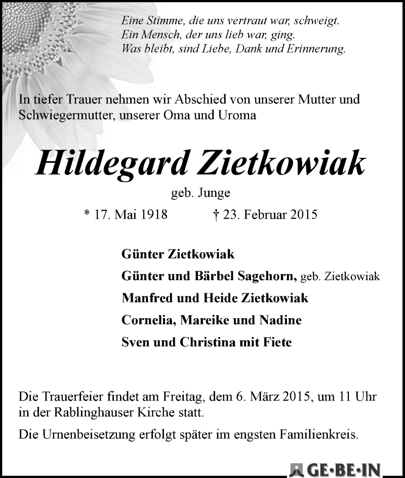 Traueranzeige von Hildegard Zietkowiak von WESER-KURIER