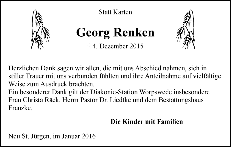 Traueranzeige von Georg Renken von Wuemme Zeitung