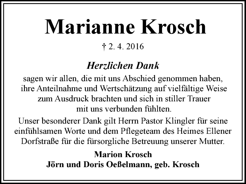 Traueranzeige von Marianne Krosch von WESER-KURIER
