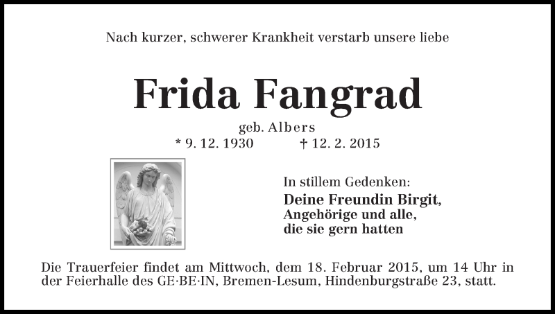 Traueranzeige von Frida Fangrad von Die Norddeutsche