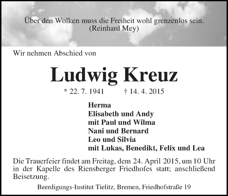 Traueranzeige von Ludwig Kreuz von WESER-KURIER