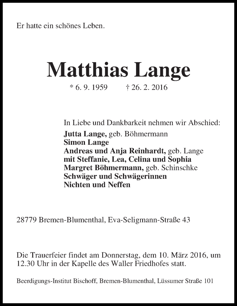 Traueranzeige von Matthias Lange von WESER-KURIER
