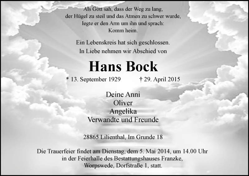 Traueranzeige von Hans Bock von Wuemme Zeitung