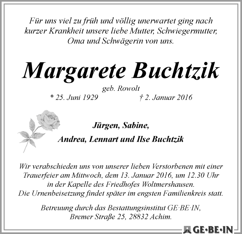 Traueranzeige von Margarete Buchtzik von WESER-KURIER