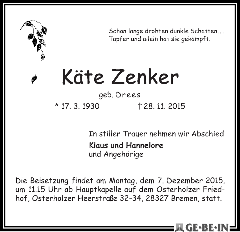 Traueranzeige von Käte Zenker von WESER-KURIER