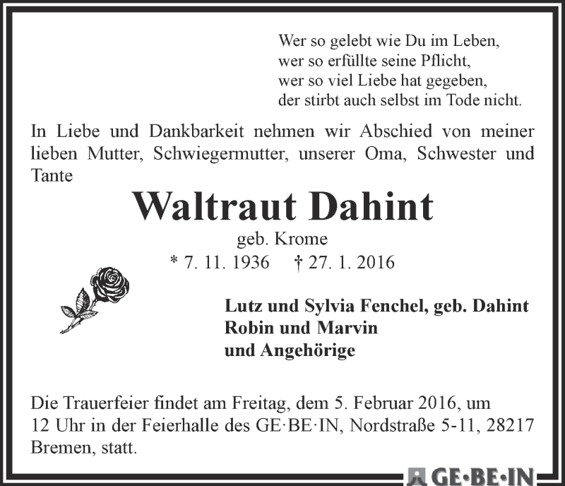 Traueranzeige von Waltraut Dahint von WESER-KURIER