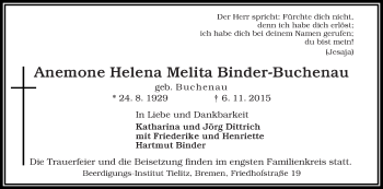 Traueranzeige von Anemone Helena Melita Binder-Buchenau