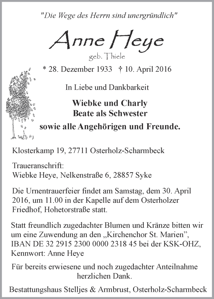 Traueranzeige von Anne Heye von Osterholzer Kreisblatt