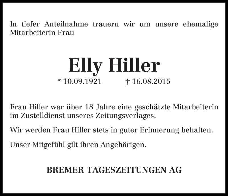 Traueranzeige von Elly Hiller von WESER-KURIER
