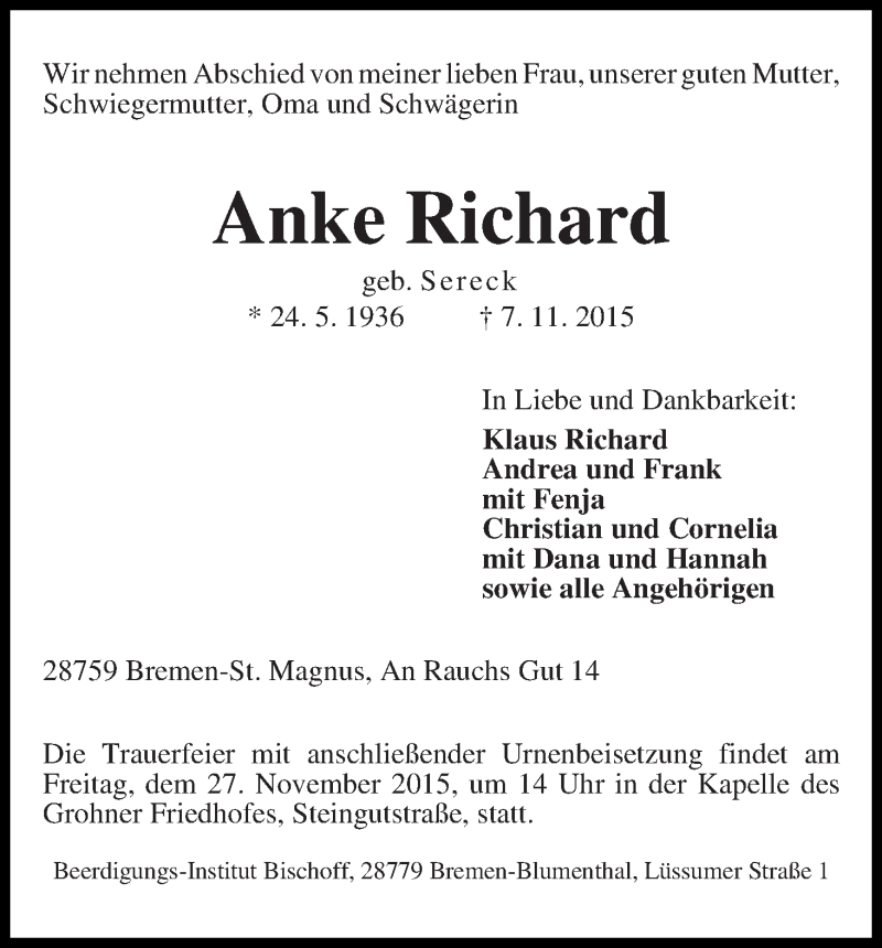 Traueranzeige von Anke Richard von Die Norddeutsche