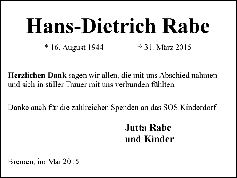 Traueranzeige von Hans-Dietrich Rabe von WESER-KURIER