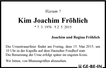 Traueranzeige von Kim Joachim Fröhlich