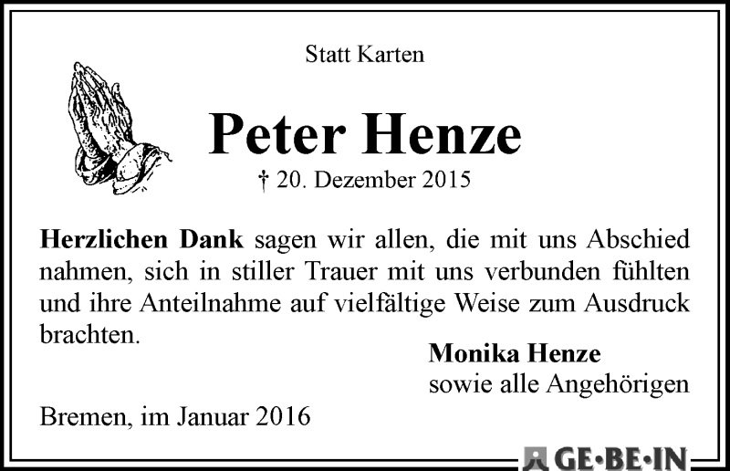 Traueranzeige von Peter Henze von WESER-KURIER