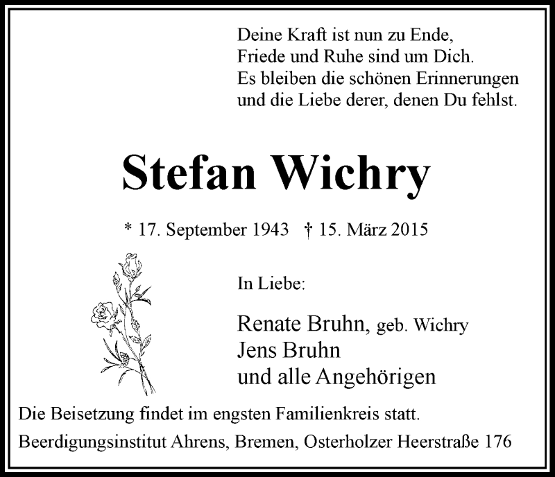 Traueranzeige von Stefan Wichry von WESER-KURIER