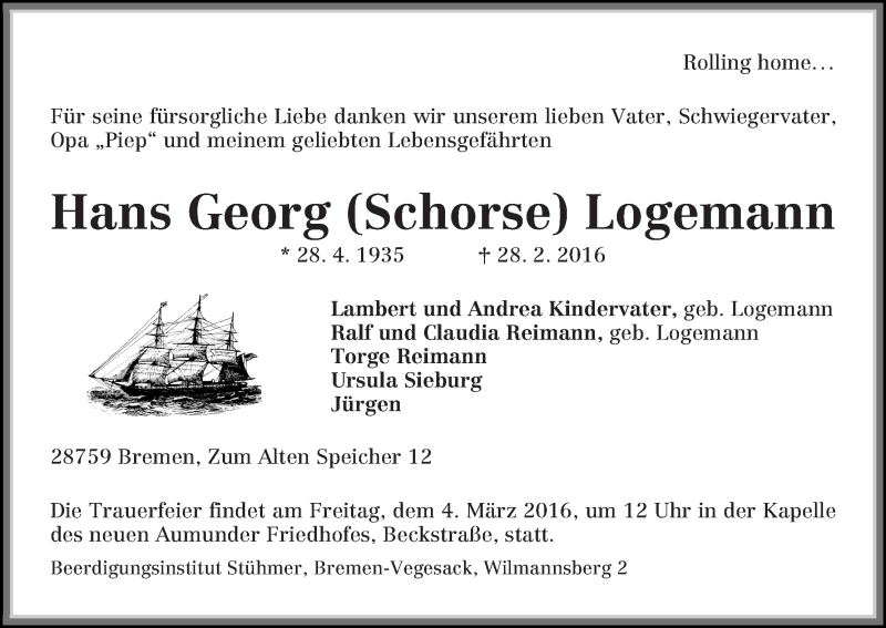 Traueranzeige von Hans Georg (Schorse) Logemann von Die Norddeutsche
