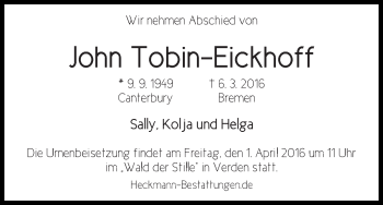 Traueranzeige von John Tobin-Eickhoff