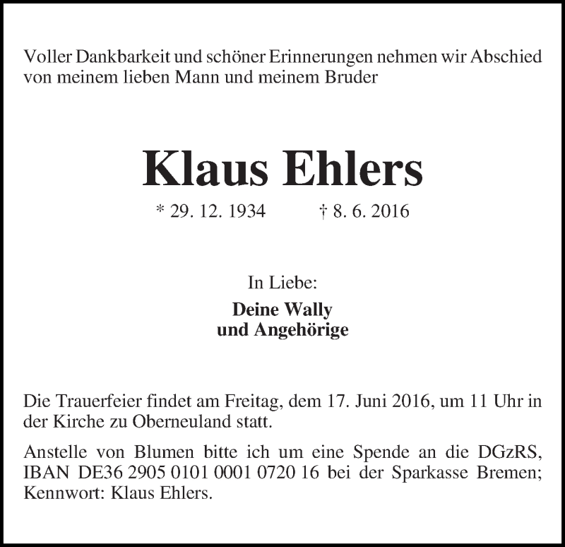Traueranzeige von Klaus Ehlers von WESER-KURIER