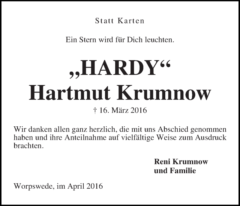 Traueranzeige von Hartmut Krumnow von Wuemme Zeitung