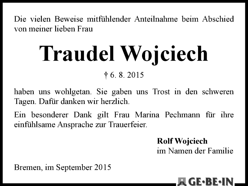  Traueranzeige für Gertraud Wojciech vom 19.09.2015 aus WESER-KURIER