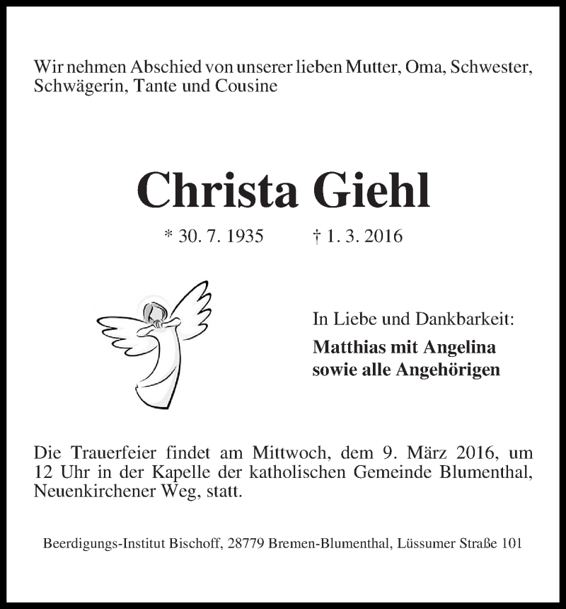 Traueranzeige von Christa Giehl von Die Norddeutsche