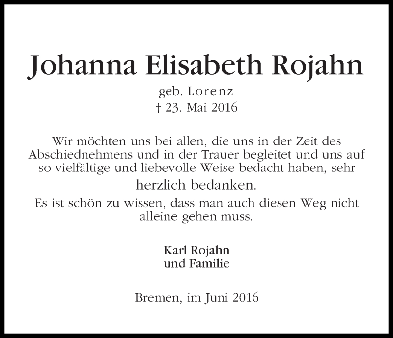 Traueranzeige von Johanna Elisabeth Rojahn von WESER-KURIER