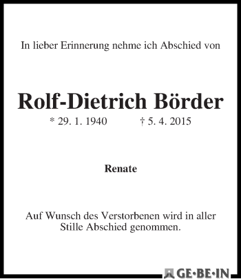Traueranzeige von Rolf-Dietrich Börder