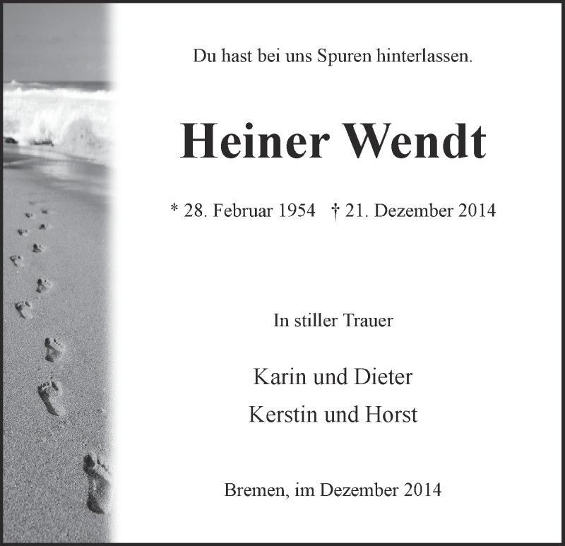 Traueranzeige von Heiner Wendt von WESER-KURIER