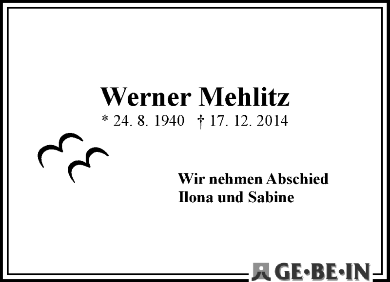 Traueranzeige von Werner Mehlitz von WESER-KURIER