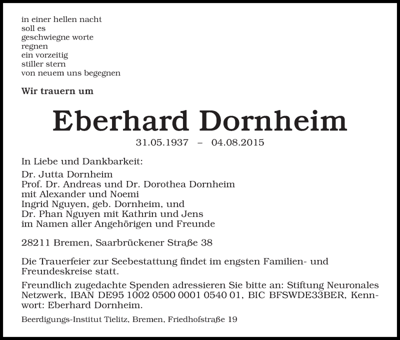 Traueranzeige von Eberhard Dornheim von WESER-KURIER