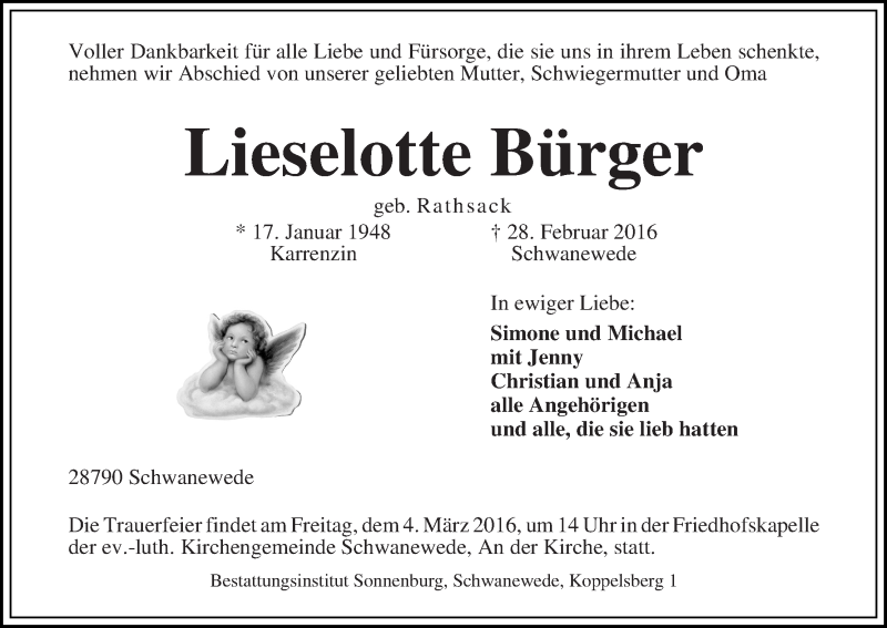 Traueranzeige von Lieselotte Bürger von Die Norddeutsche