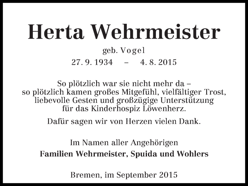 Traueranzeige von Herta Wehrmeister von WESER-KURIER