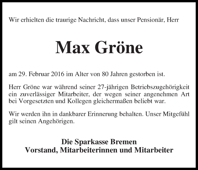 Traueranzeige von Max Gröne von WESER-KURIER